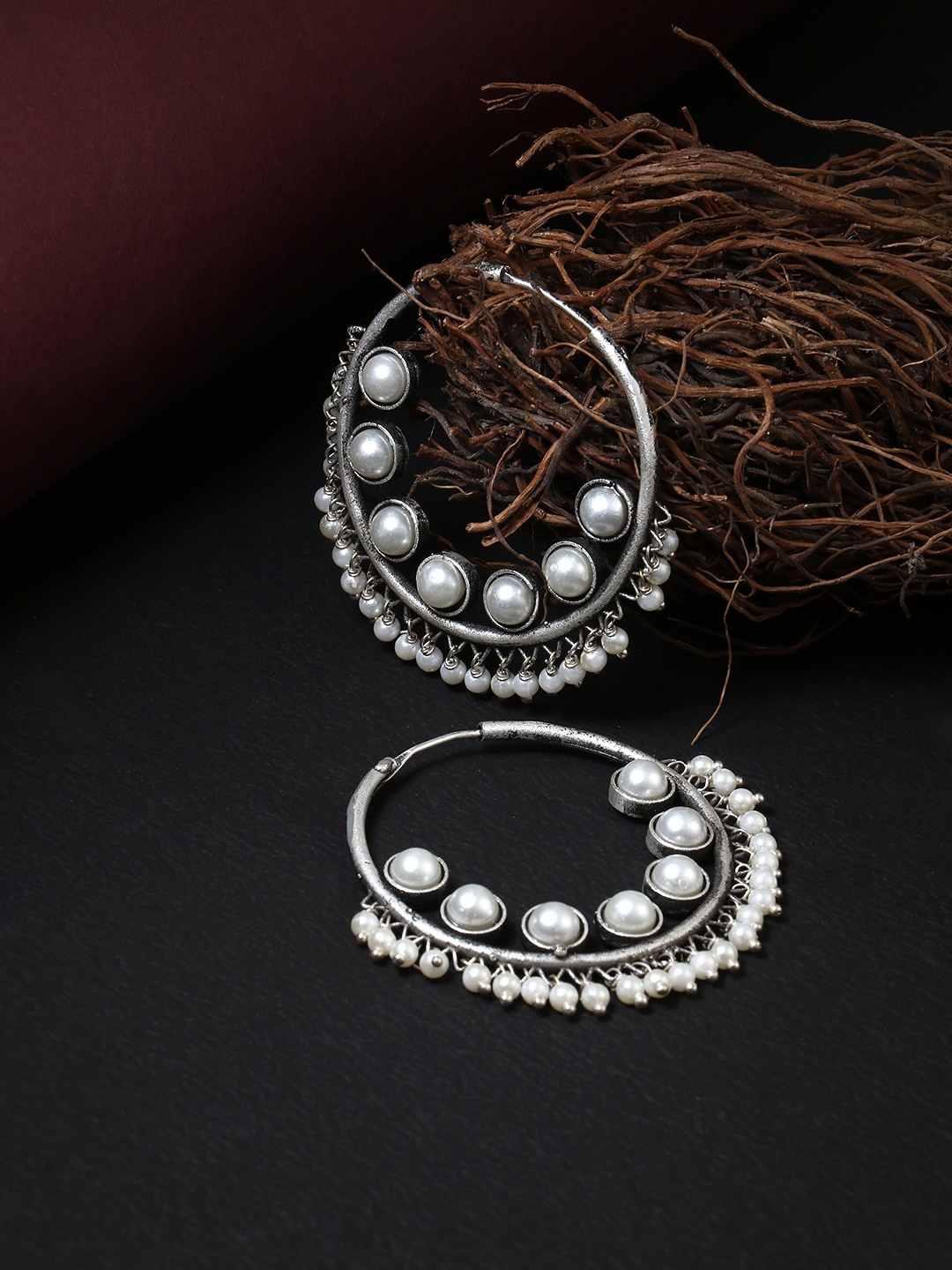 

Adwitiya Collection Silver-Toned Studded Contemporary Hoop Earrings