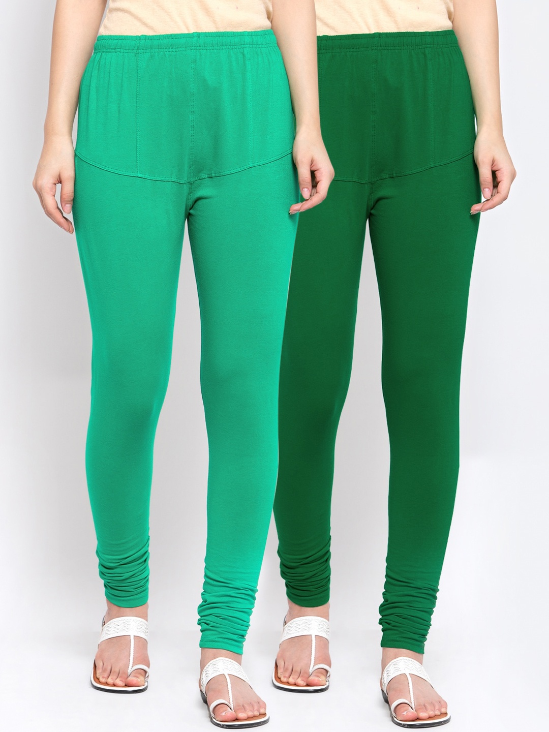

KLOTTHE Women Pack of 2 Green Solid Cotton Churidar-Length Leggings