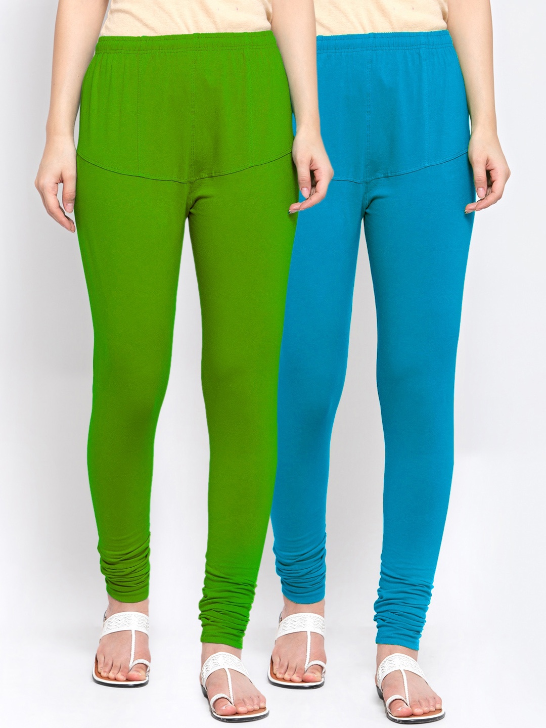 

KLOTTHE Women Pack of 2 Solid Cotton Churidar-Length Leggings, Green
