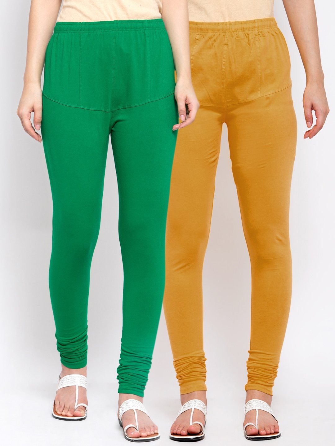 

KLOTTHE Women Pack Of 2 Mustard Yellow & Green Solid Churidar-Length Cotton Leggings
