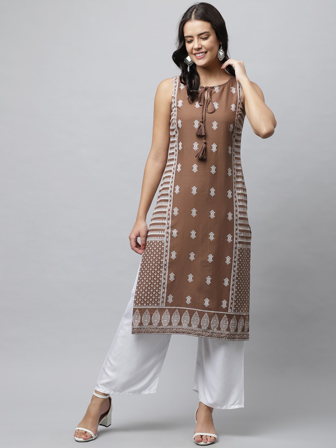 

HERE&NOW Women Brown & White Ethnic Motifs Striped Kurta
