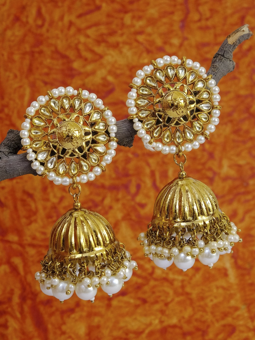 

Crunchy Fashion Gold-Plated Pearls Studded Dome Shaped Jhumkas Earrings