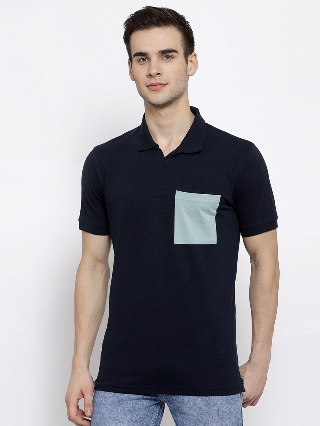 

ManQ CASUAL Men Navy Blue Polo Collar Slim Fit T-shirt