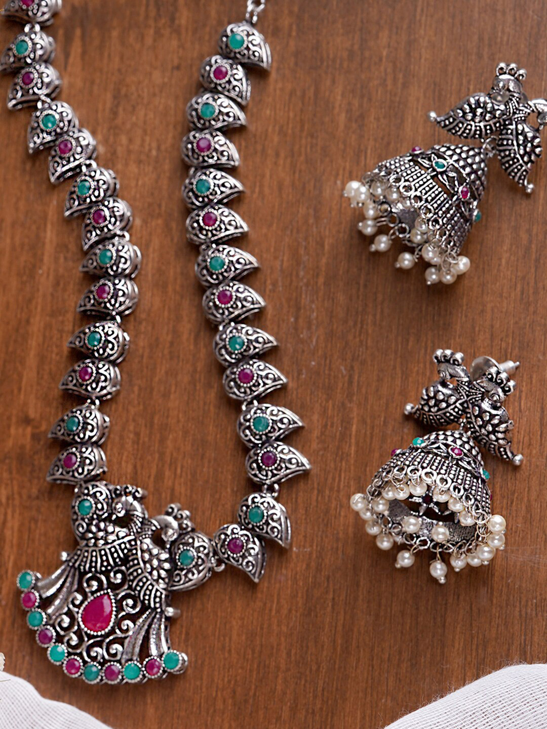 

TEEJH Oxidised Silver-Plated Pink & Green Stone-Studded & Beaded Jewellery Set