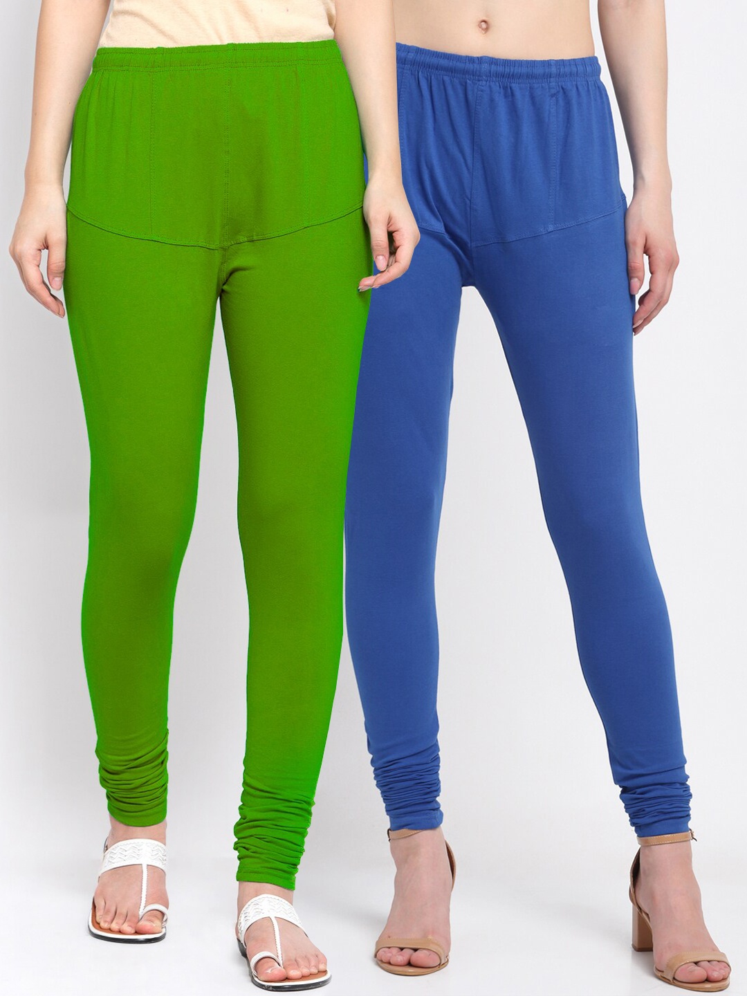 KLOTTHE Women Pack of 2 Solid Cotton Churidar-Length Leggings, Green