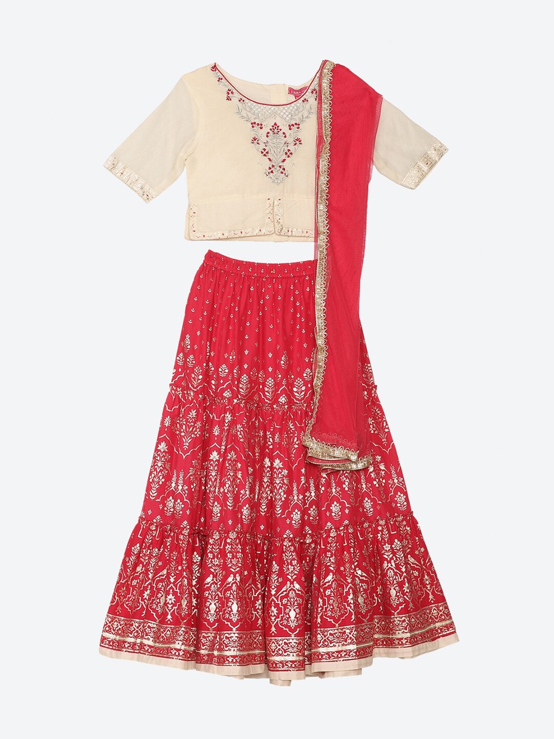 

Biba Girls Red & Off White Embroidered Ready to Wear Lehenga & Blouse With Dupatta