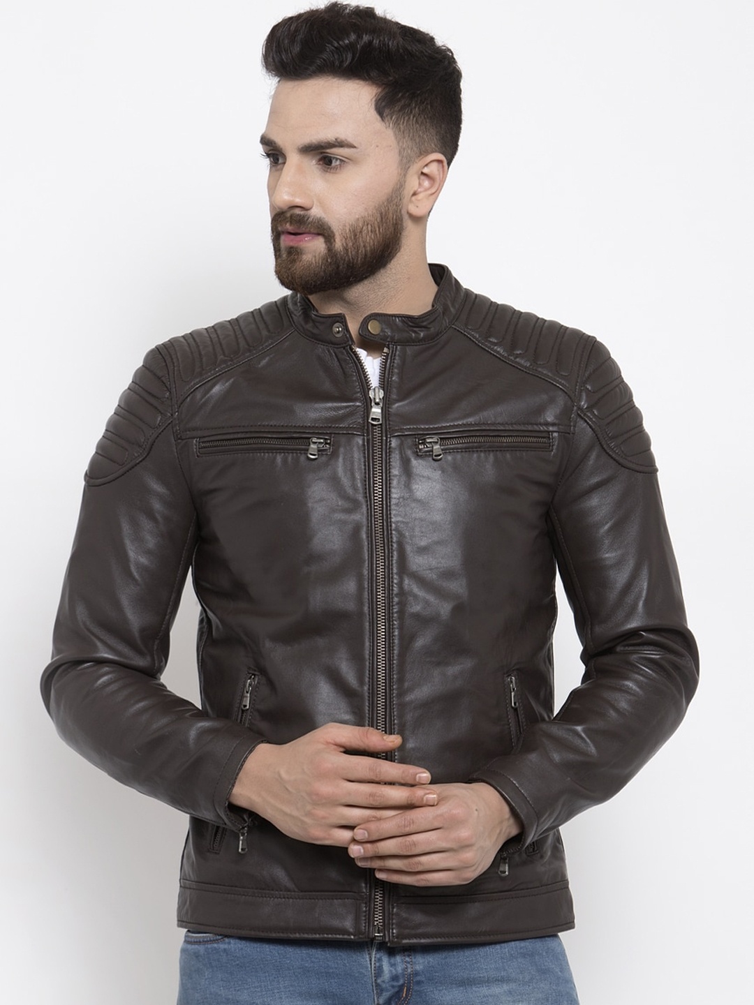 

WELBAWT Men Brown Leather Lightweight Biker Jacket