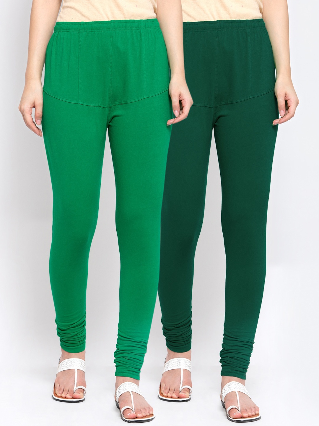 

KLOTTHE Women Pack Of 2 Solid Churidar-Length Cotton Leggings, Green