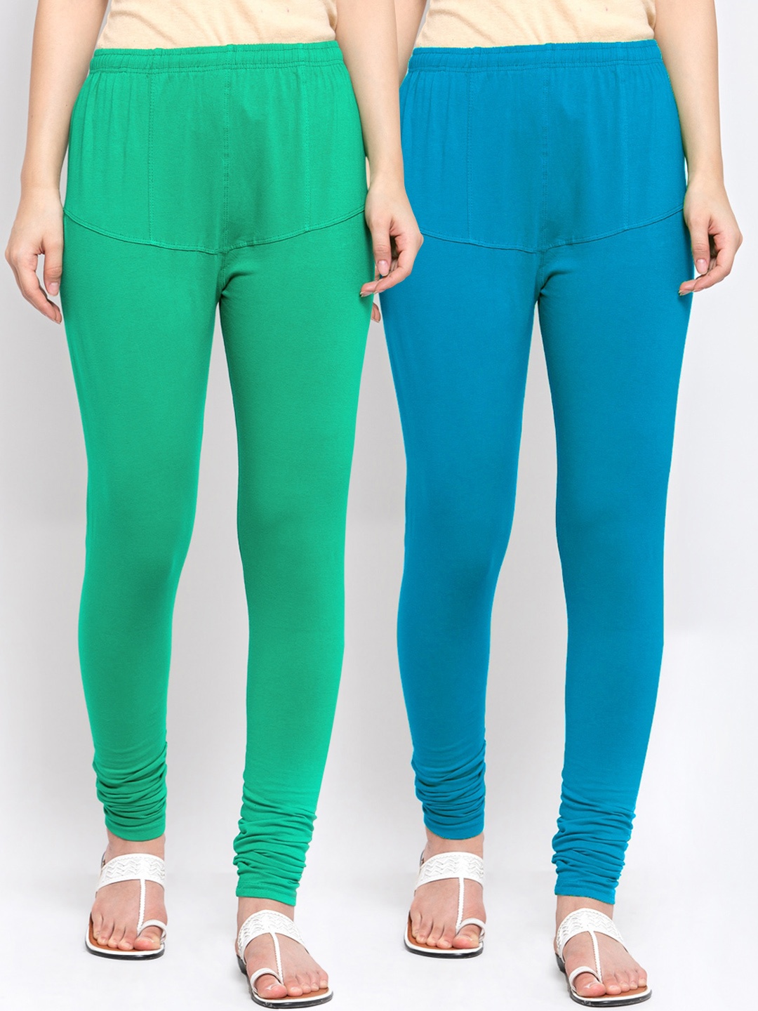 

KLOTTHE Women Pack Of 2 Sea Green & Blue Solid Churidar-Length Cotton Leggings
