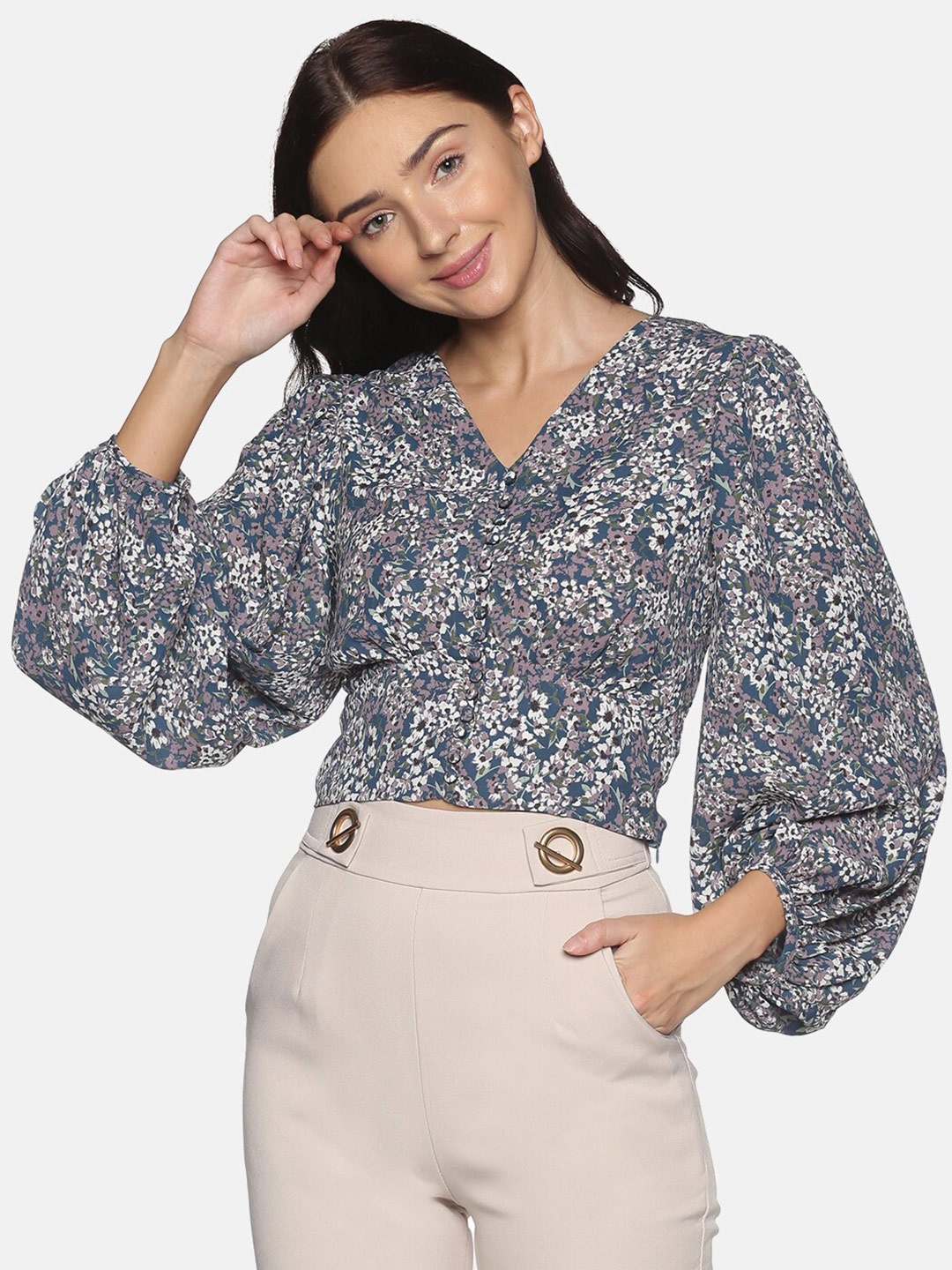 ISU Blue Floral Flared Sleeve Crepe Regular Top