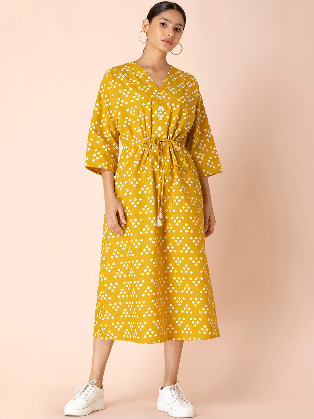 

Earthen BY INDYA Mustard Bandhani Drawstring Kaftan Dress