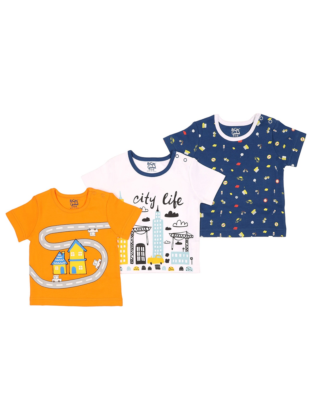 

KICKS & CRAWL Boys Set of 3 White, Navy Blue & Orange Printed T-shirts