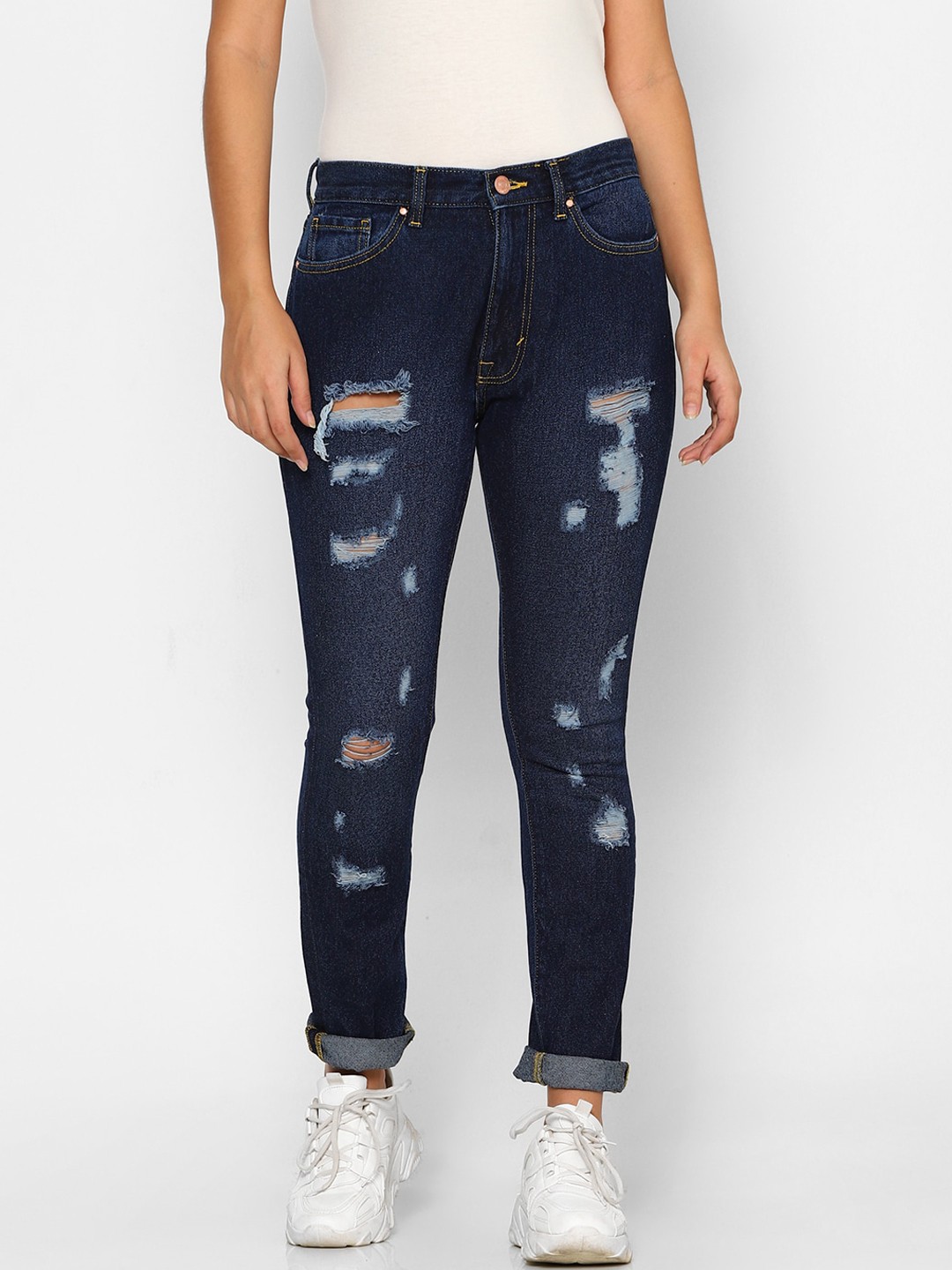 

Forever 21 Women Low-Rise Slim Fit Regular Length Highly Distressed Light Fade Jeans, Blue