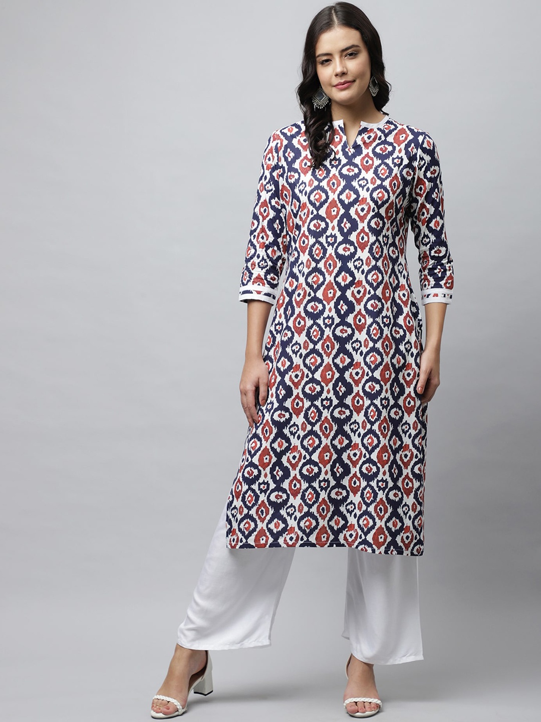 

HERE&NOW Women White & Navy Blue Abstract Pure Cotton Printed Kurta