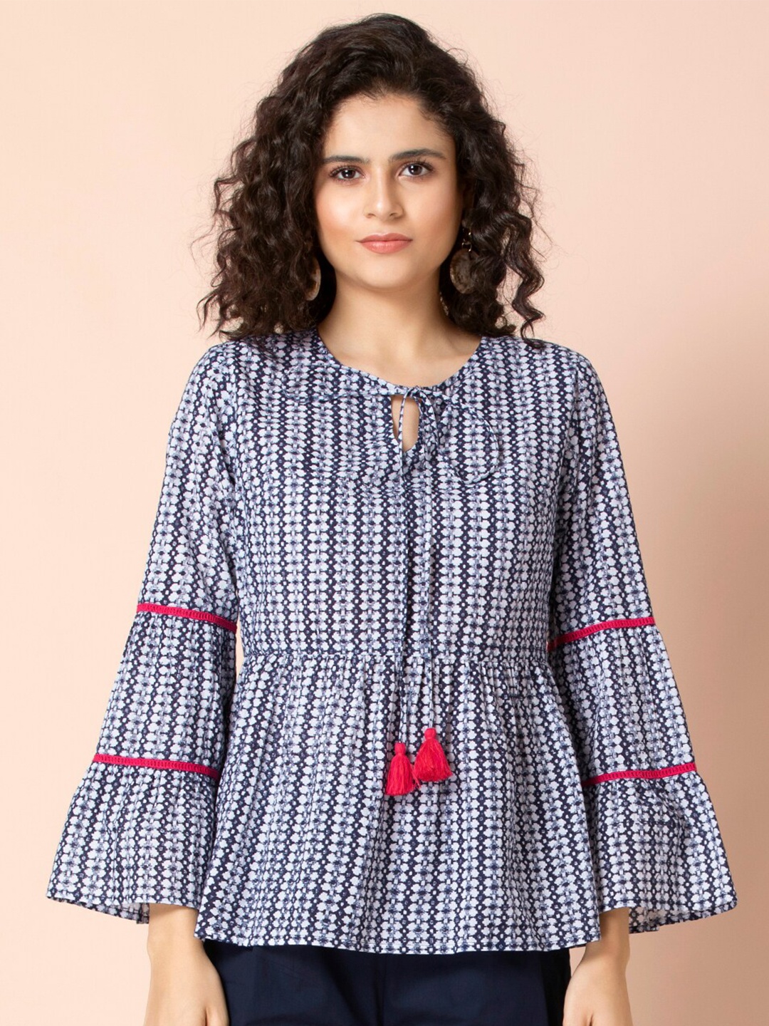 Earthen BY INDYA Blue Block Print Flared Sleeve Top
