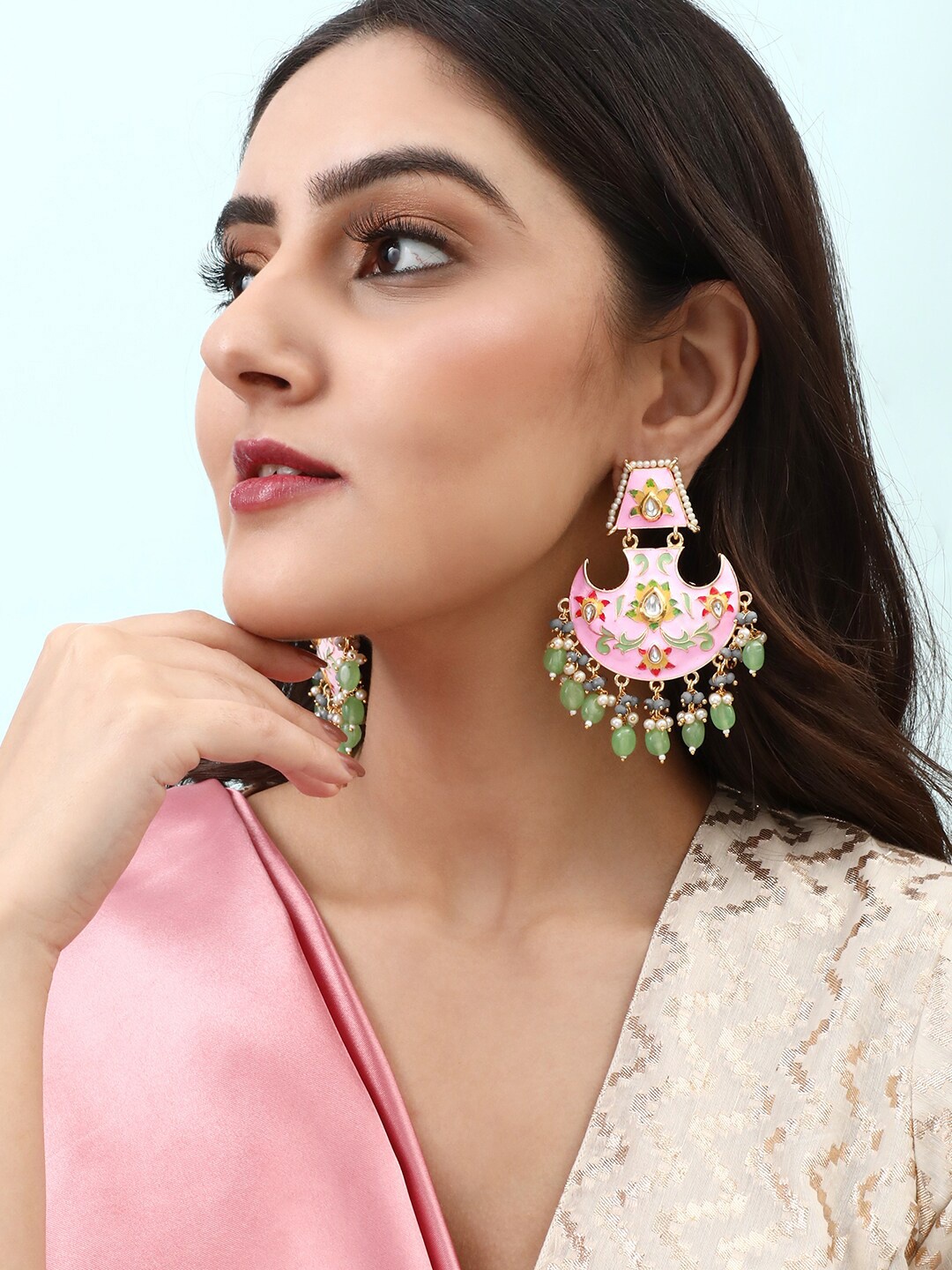 Rubans 24K Gold Plated & Pink Crescent Shaped Enameled Chandbalis Earrings