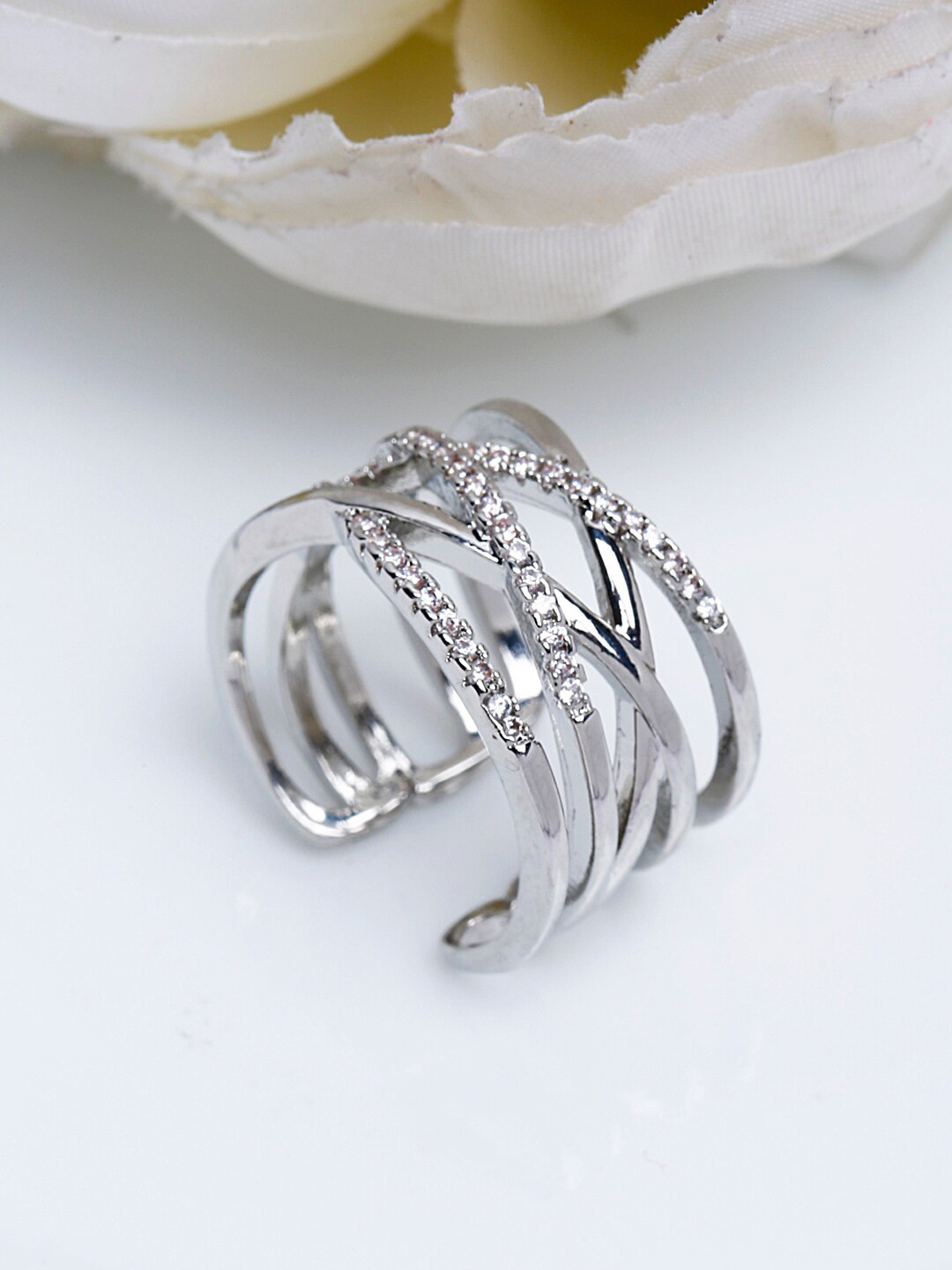 

Shining Diva Fashion Women Platinum-Plated Silver-Toned White CZ-Studded Adjustable Finger Rings