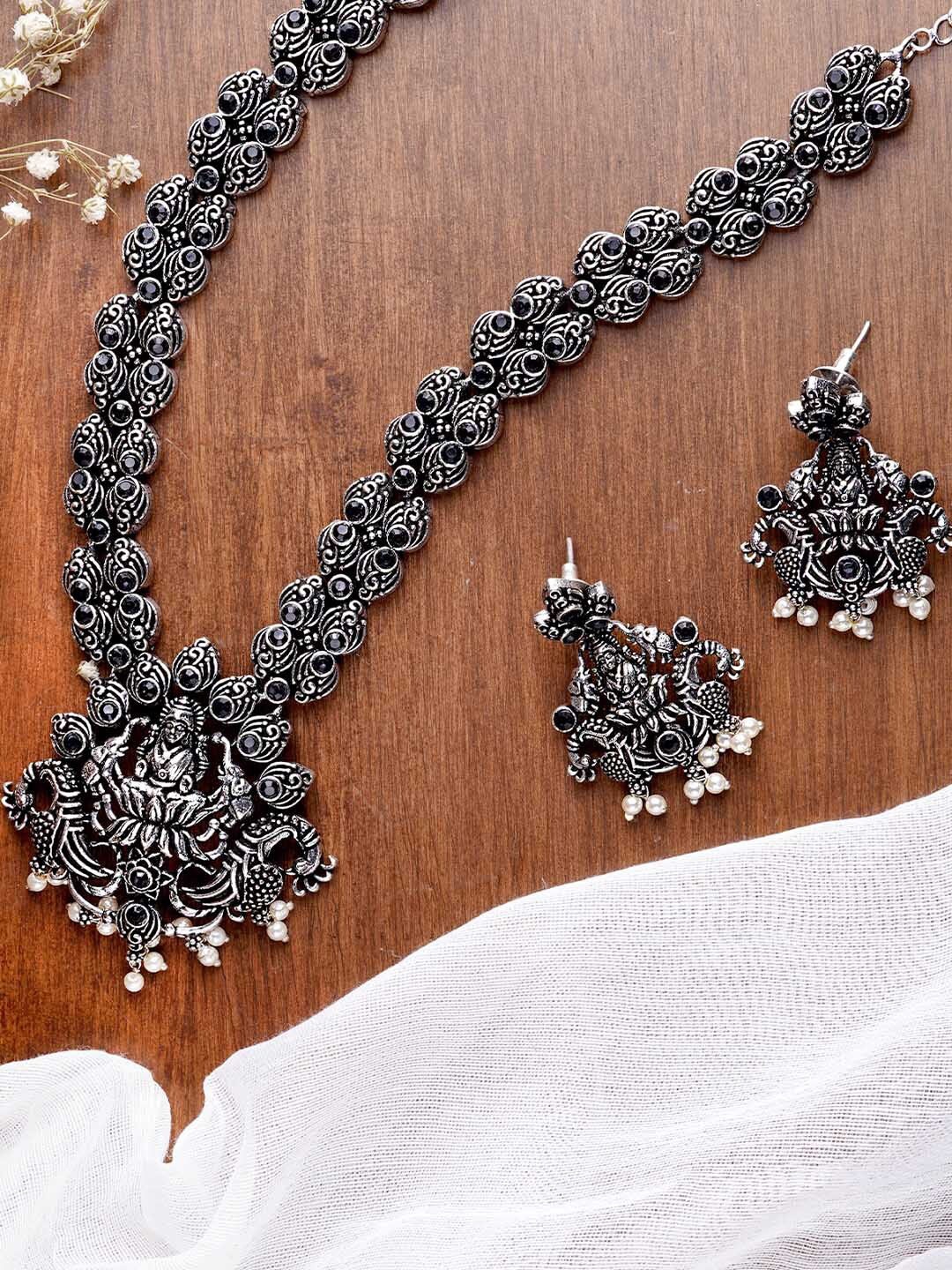 

TEEJH Oxidised Silver-Plated White & Black Stone-Studded & Beaded Temple Jewellery Set