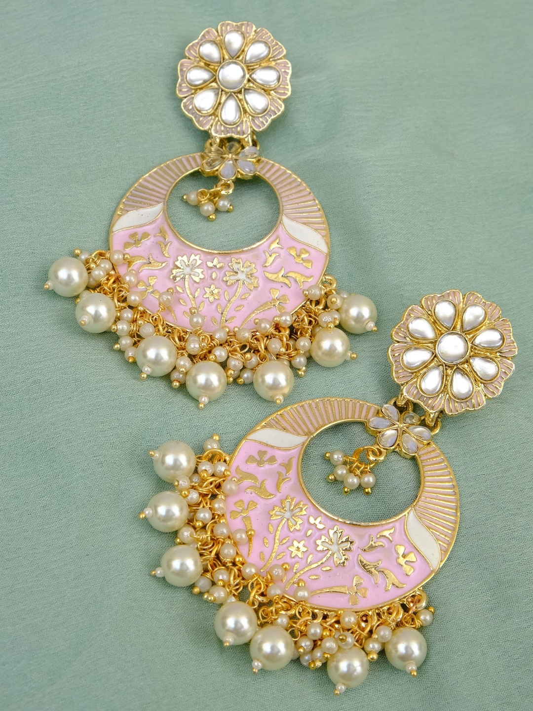 

Crunchy Fashion Gold-Toned & Pink Circular Chandbalis Earrings