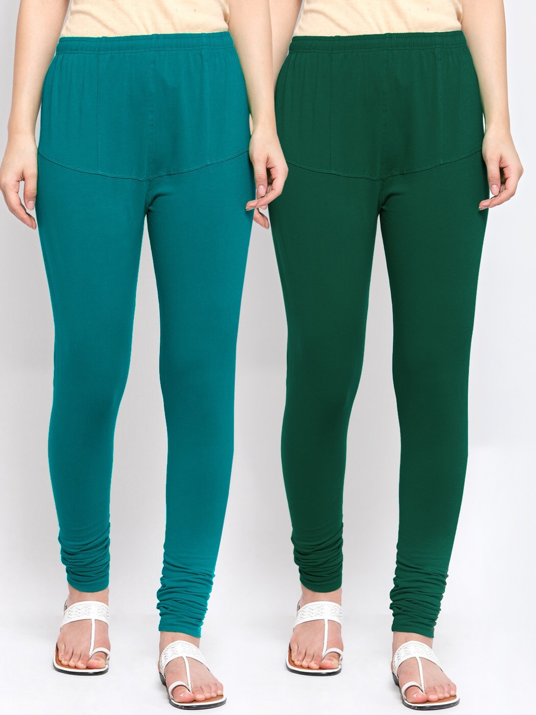 

KLOTTHE Women Pack Of 2 Solid Churidar-Length Cotton Leggings, Green