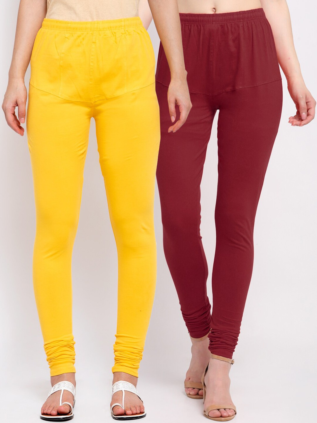 

KLOTTHE Women Pack of 2 Solid Cotton Churidar-Length Leggings, Maroon