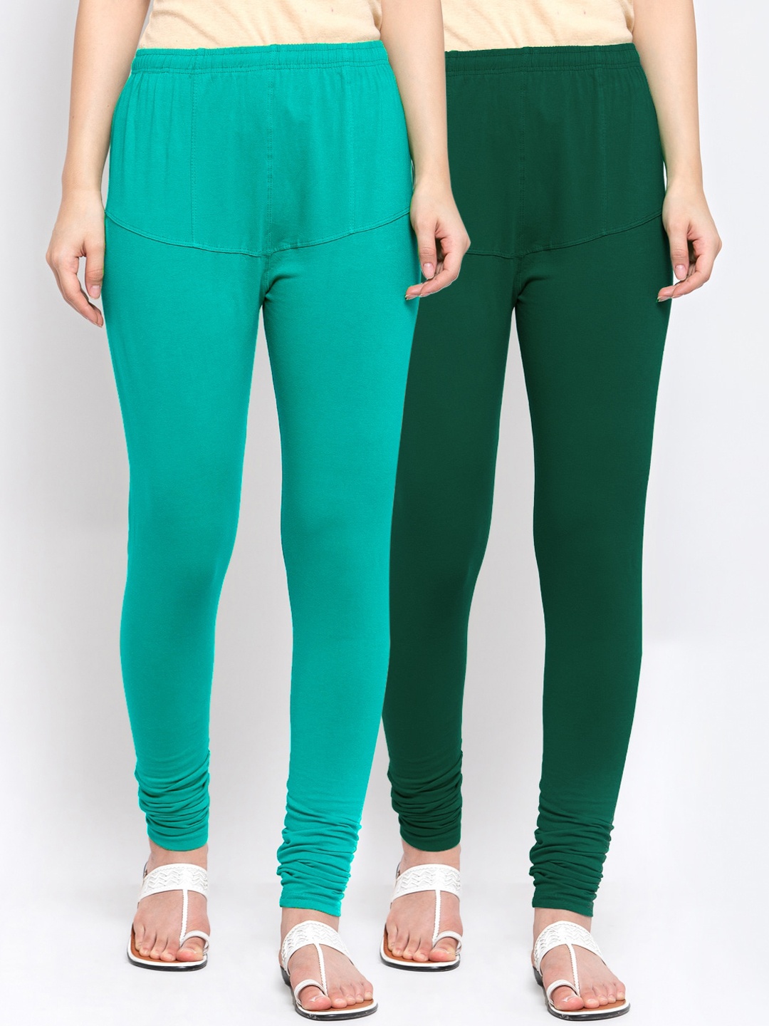 

KLOTTHE Women Pack Of 2 Green & Sea Green Solid Cotton Churidar-Length Leggings