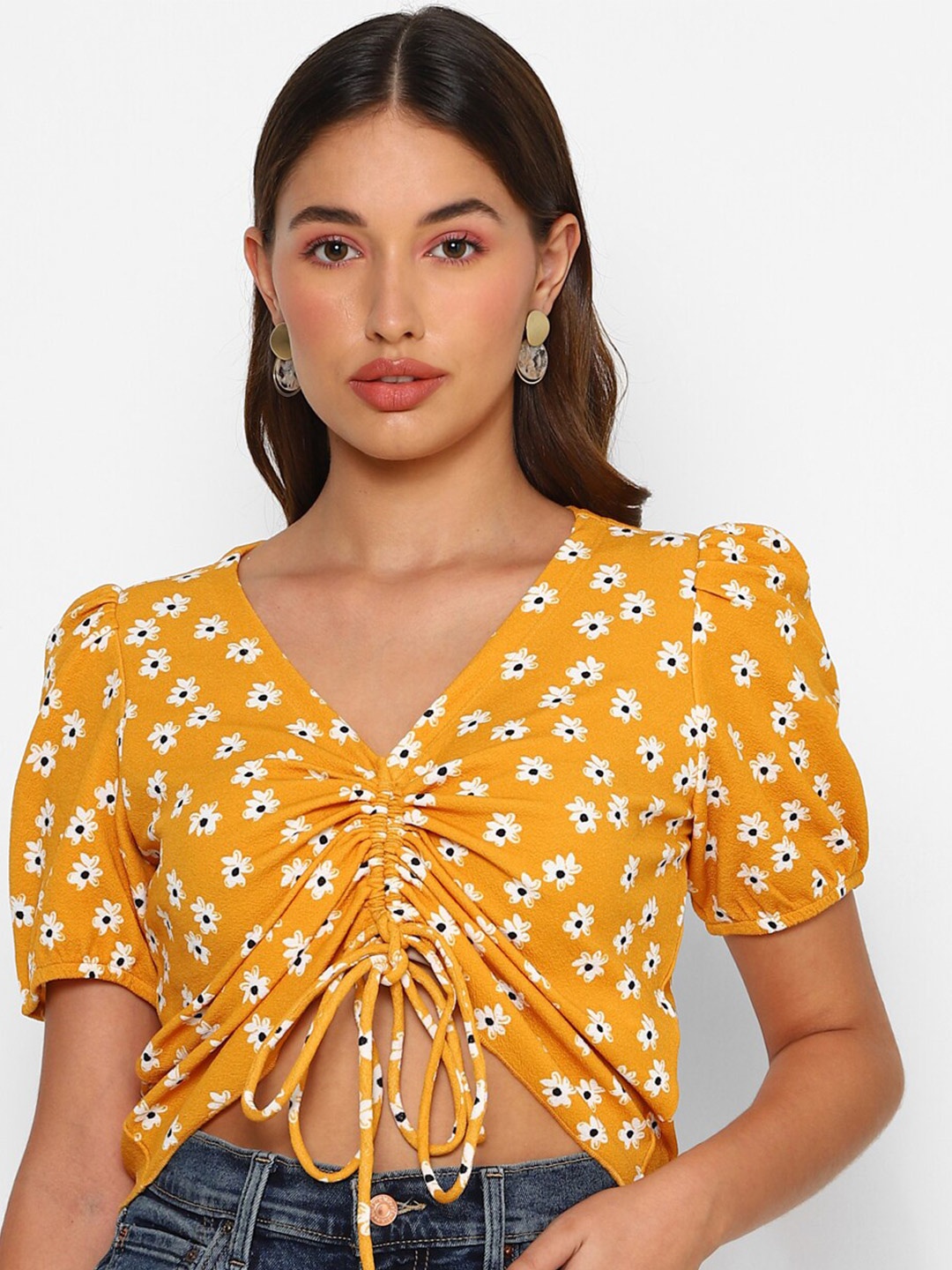 

FOREVER 21 Multicoloured Puff Sleeve Regular Crop Top, Yellow