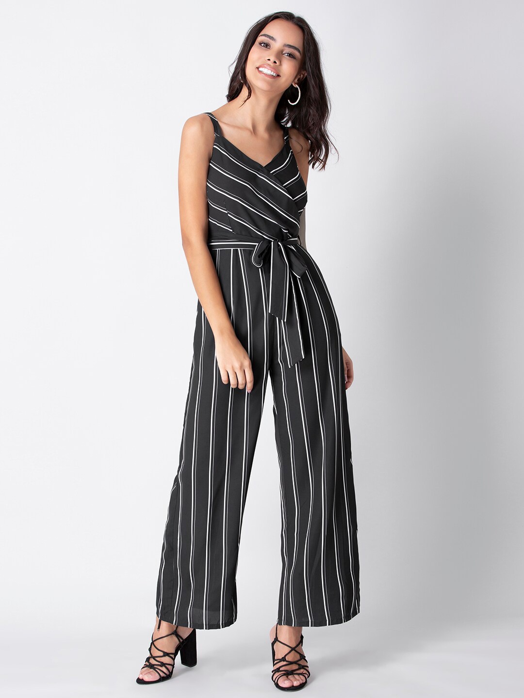 

FabAlley Black & White Striped Basic Cotton Jumpsuit
