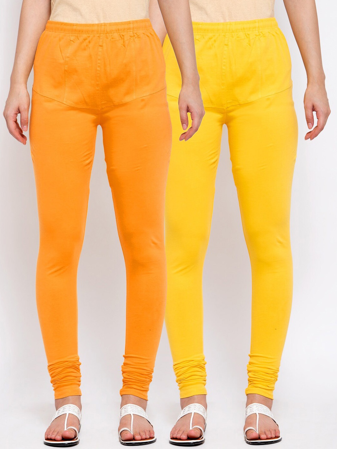 

KLOTTHE Women Pack Of 2 Yellow & Orange Solid Churidar-Length Cotton Leggings