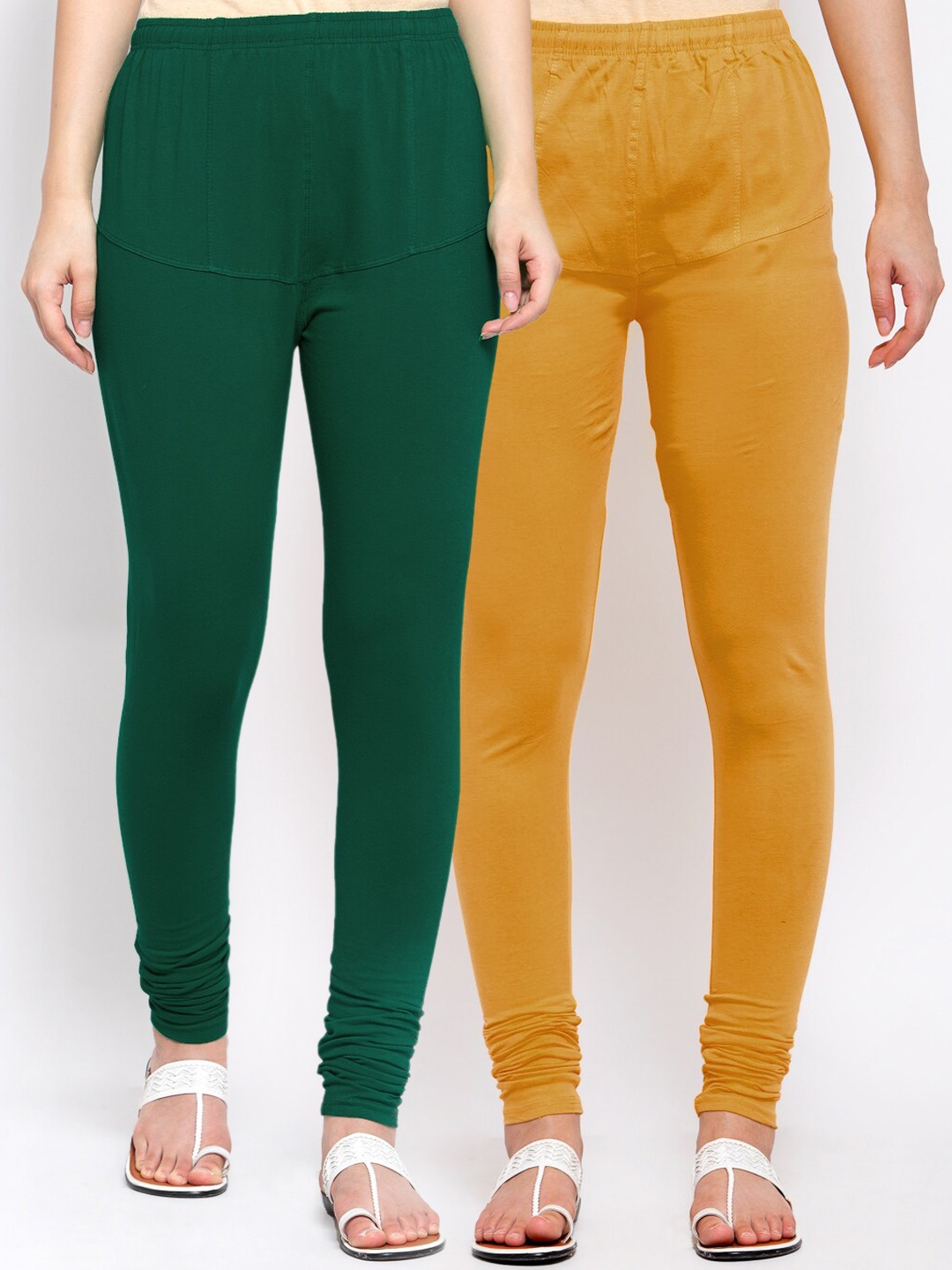 

KLOTTHE Women Pack of 2 Solid Cotton Churidar-Length Leggings, Mustard