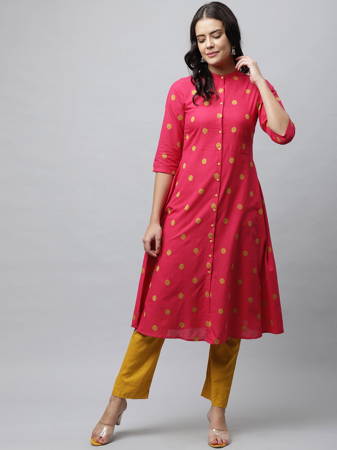 

HERE&NOW Women Pink & Yellow Woven designed Straight Kurta