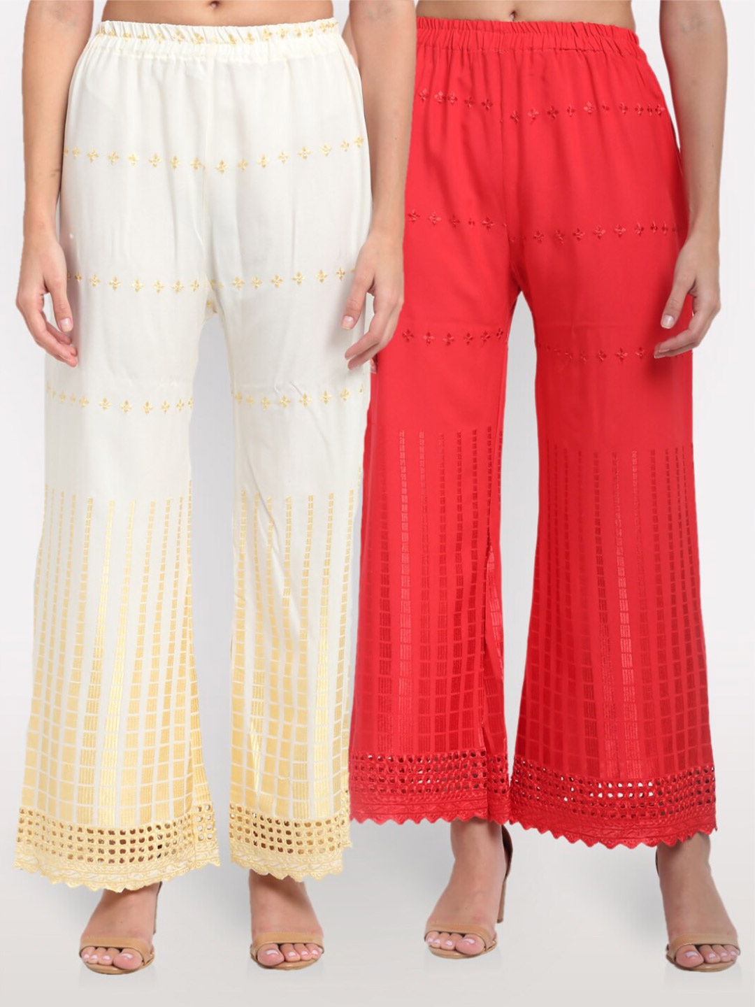 

NEUDIS Women Pack of 2 Embroidered Ethnic Palazzos, White