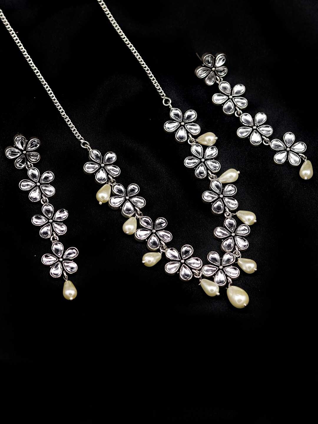 

TEEJH Oxidised Silver-Plated White Stone-Studded & Beaded Jewellery Set