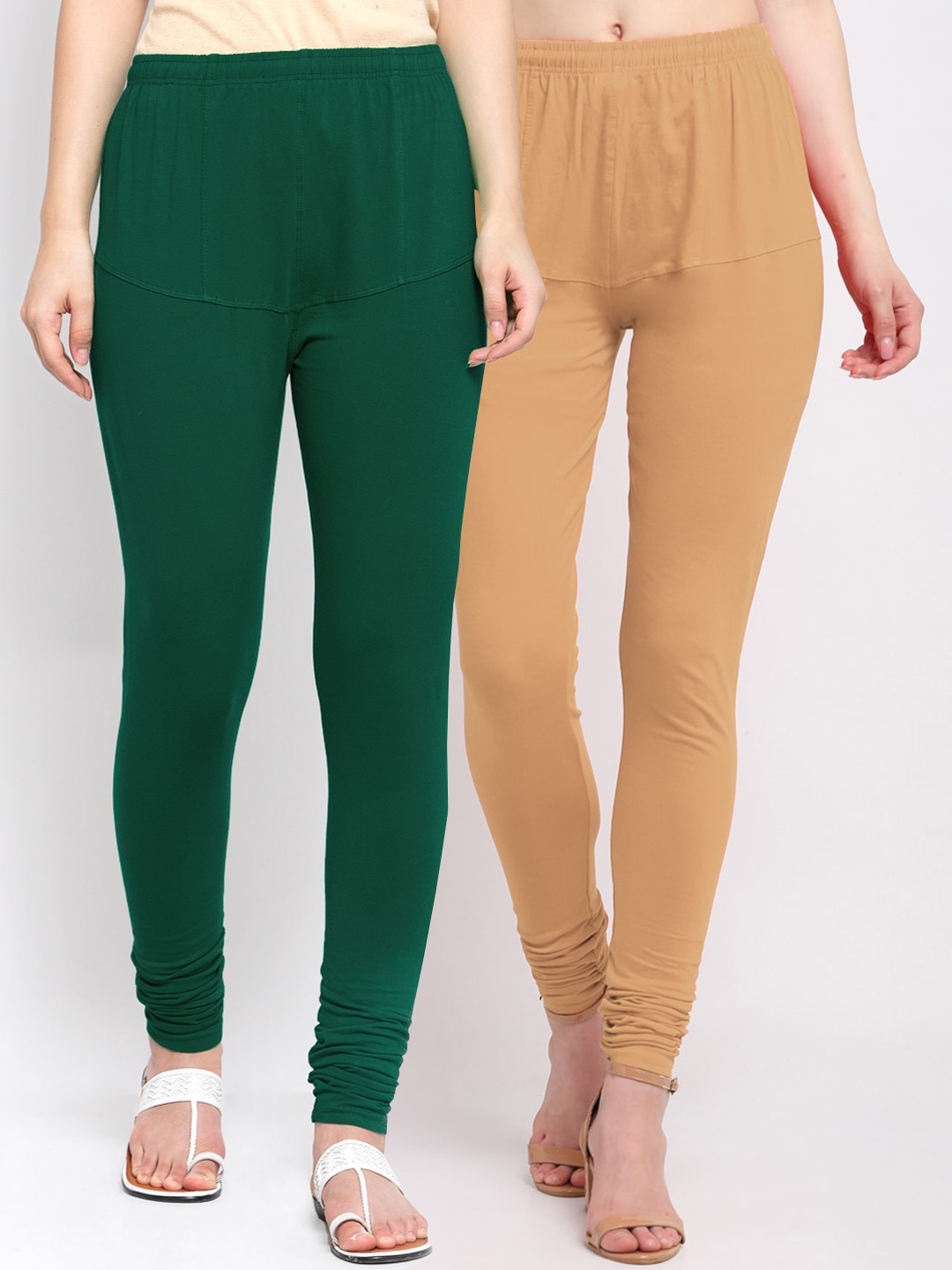 

KLOTTHE Women Pack Of 2 Solid Churidar-Length Cotton Leggings, Green