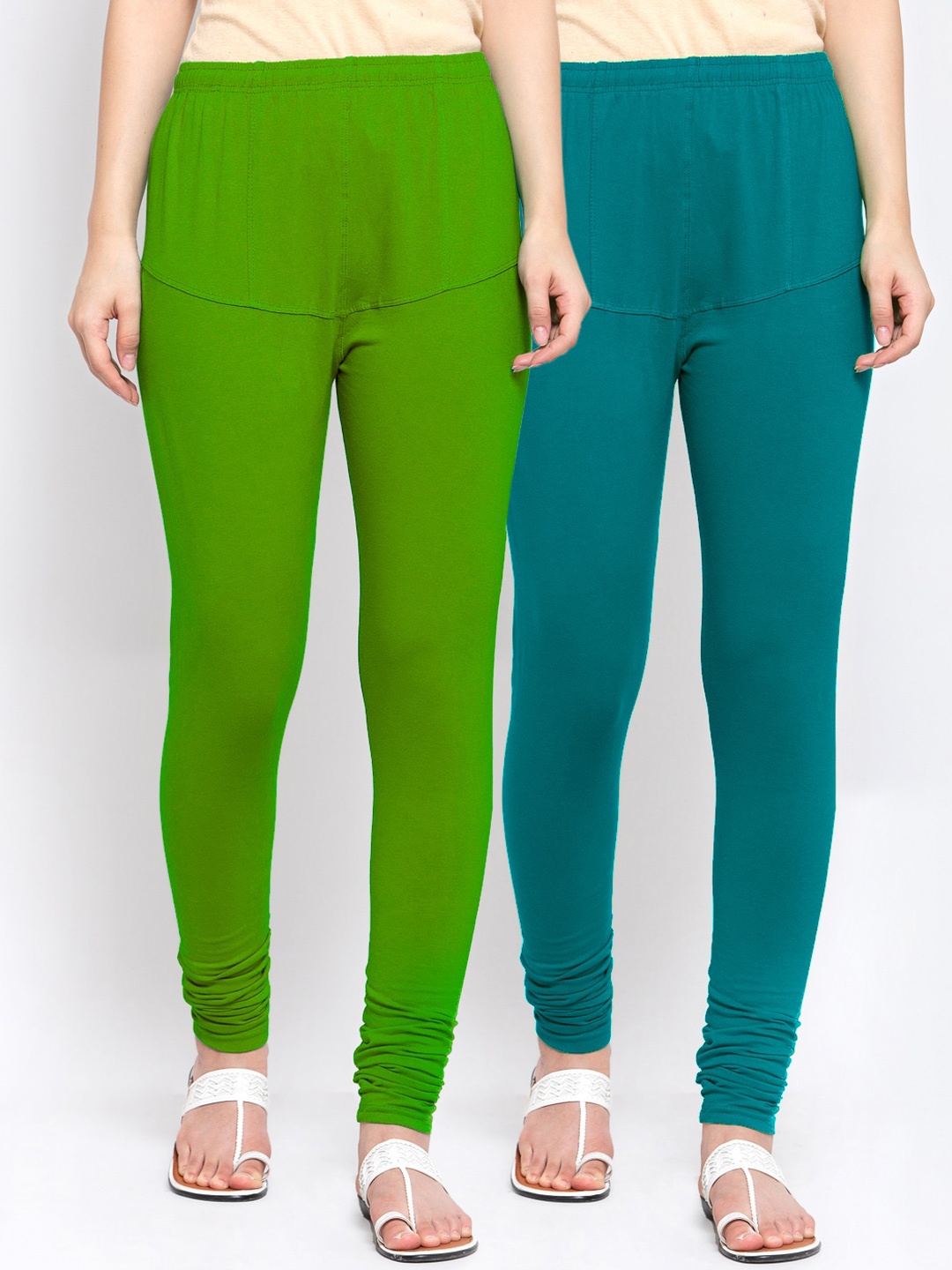 

KLOTTHE Women Pack Of 2 Green & Blue Solid Churidar-Length Cotton Leggings