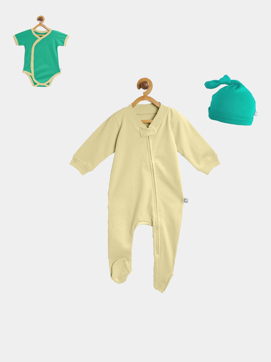 

cherrytoes Set of 3 Vanilla & Forest Zip Footie Onesie and Beanie Premium Gift Set, Yellow