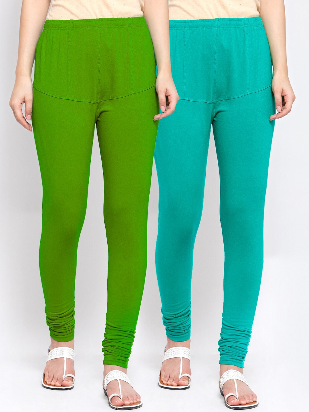 

KLOTTHE Women Pack Of 2 Solid Cotton Churidar-Length Leggings, Green