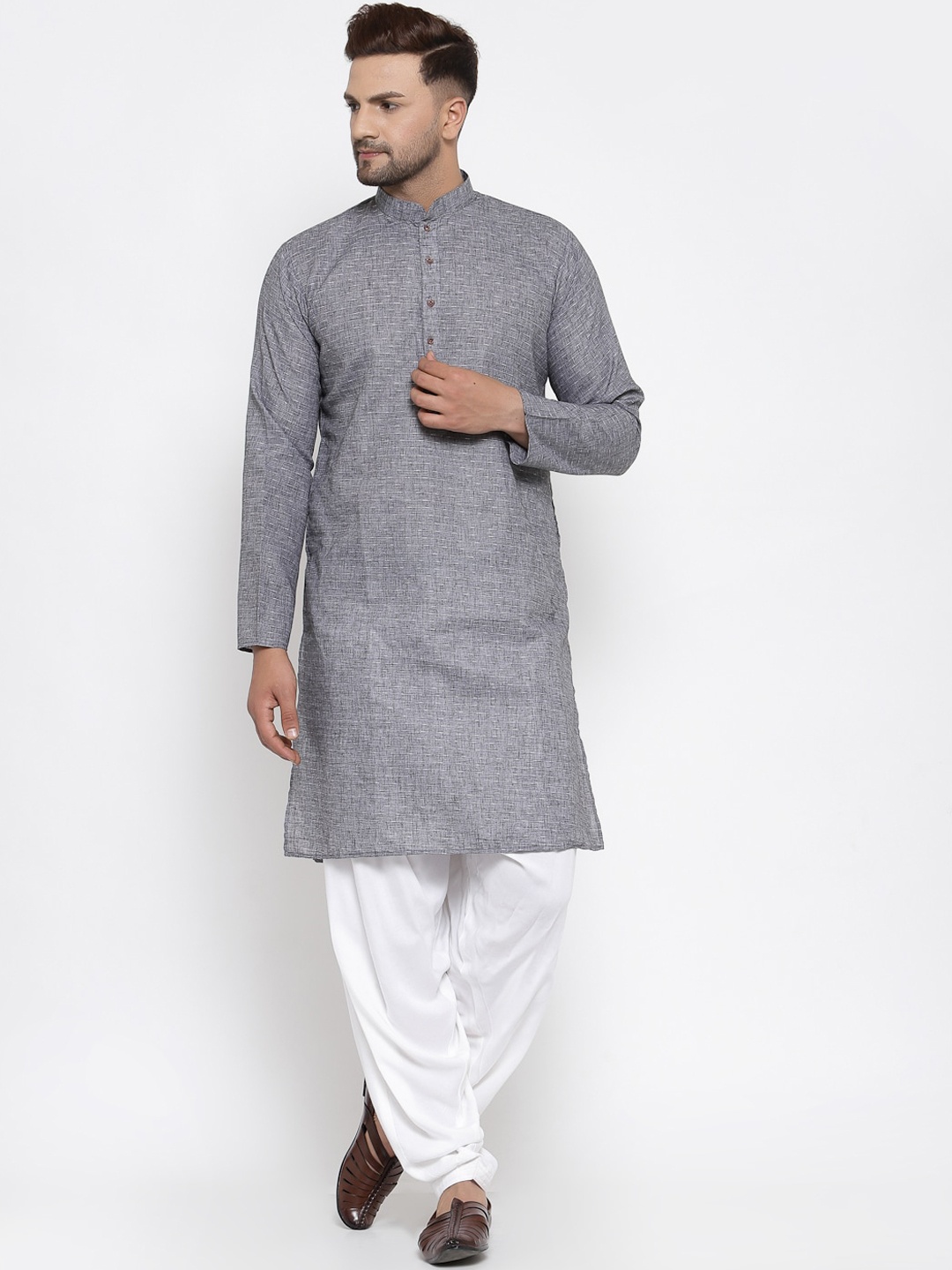 

MAXENCE Men Grey Linen Kurta with Dhoti Pants