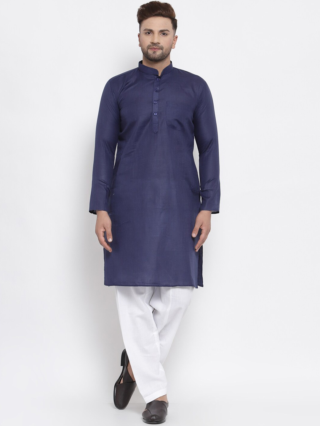 

MAXENCE Men Navy Blue Linen Kurta & Pyjamas With Embroidered Stole