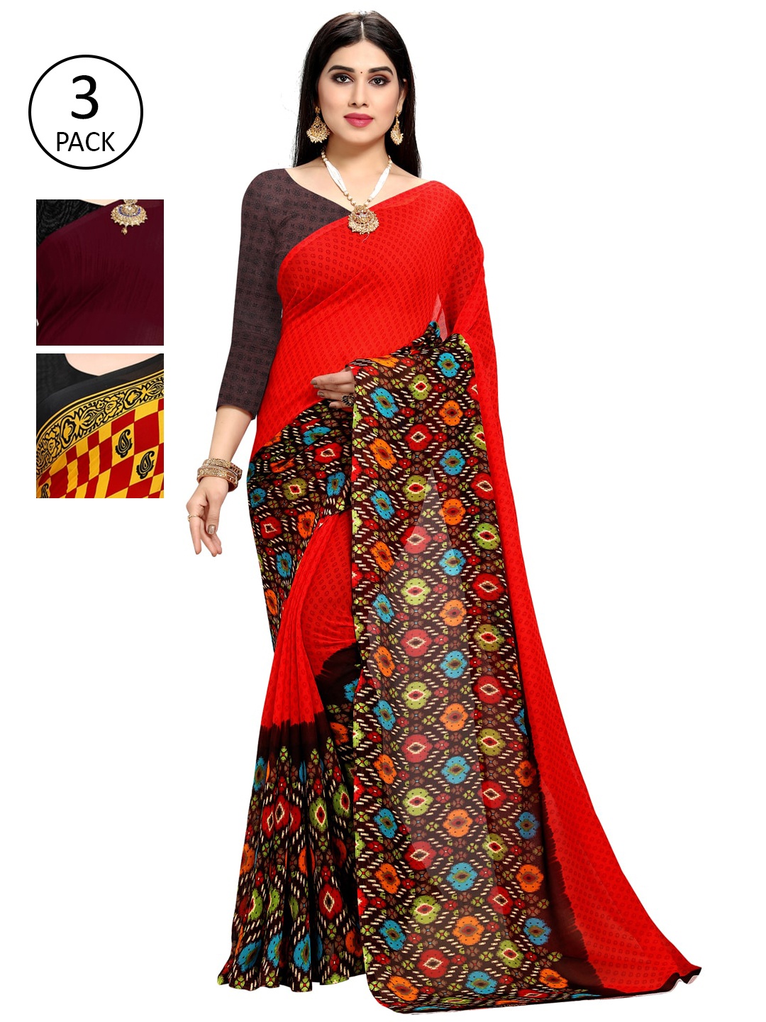 

KALINI Pack of 3 Printed Saree, Burgundy