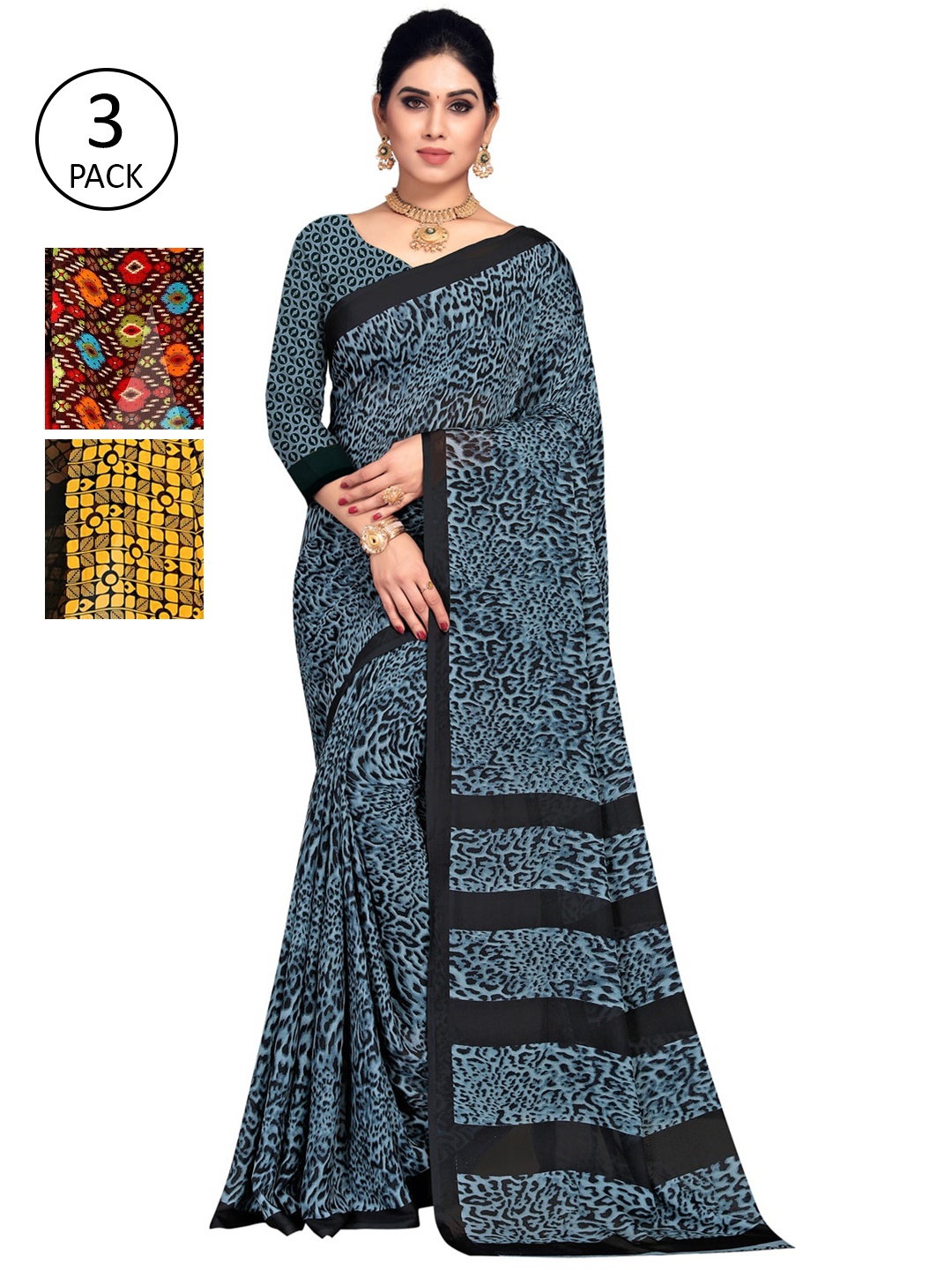 

KALINI Pack of 3 Printed Sarees, Yellow