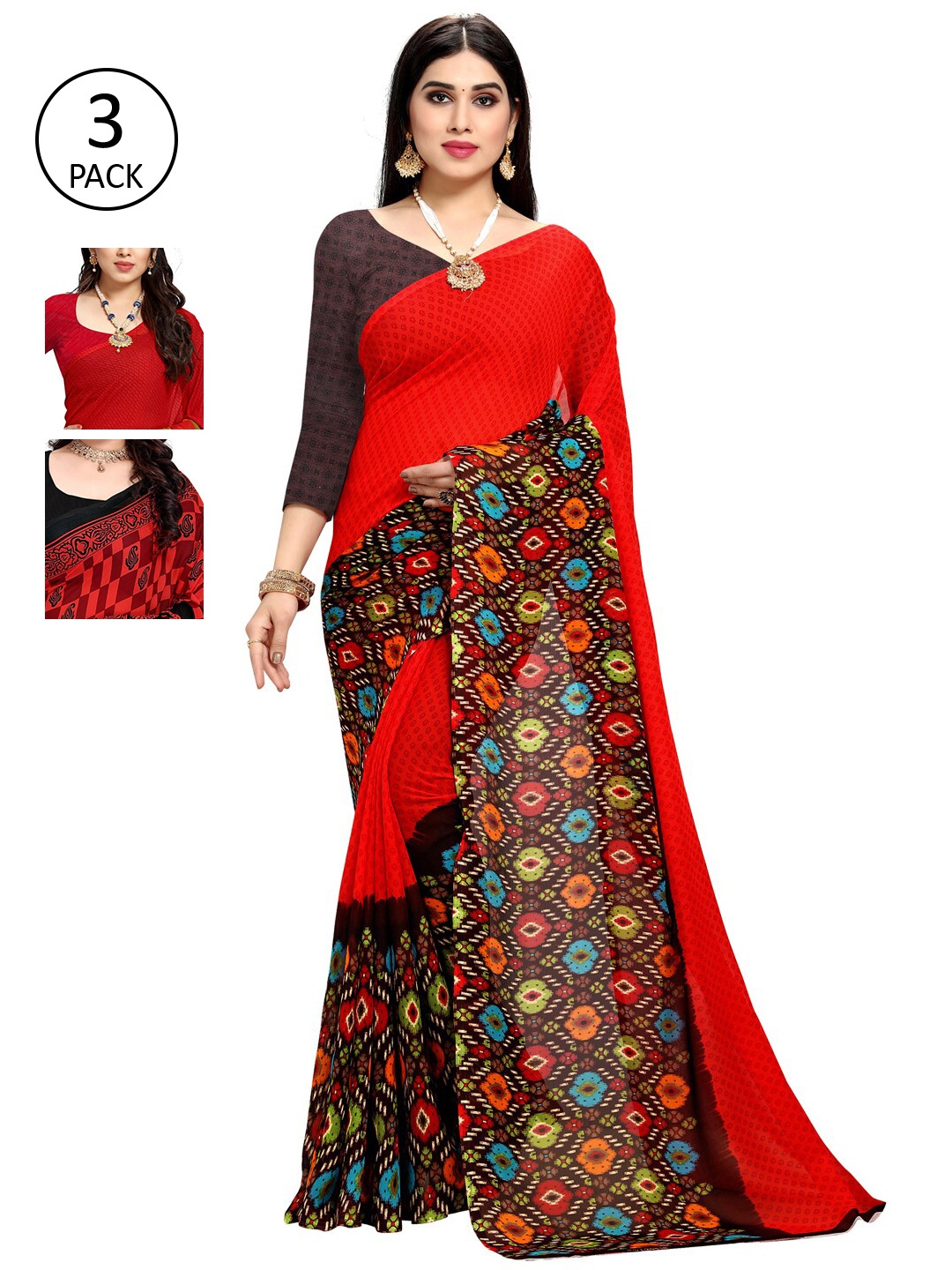 

KALINI Pack Of 3 Red & Black Saree
