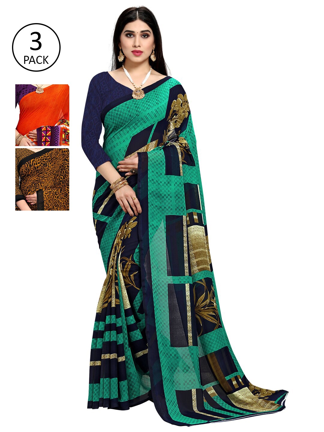 

KALINI Pack Of 3 Multicoloured Poly Georgette Sarees, Multi