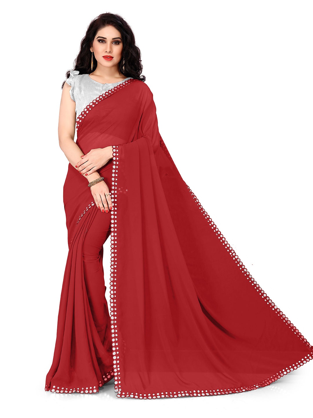 

MIRCHI FASHION Red & White Solid Poly Georgette Designer Saree