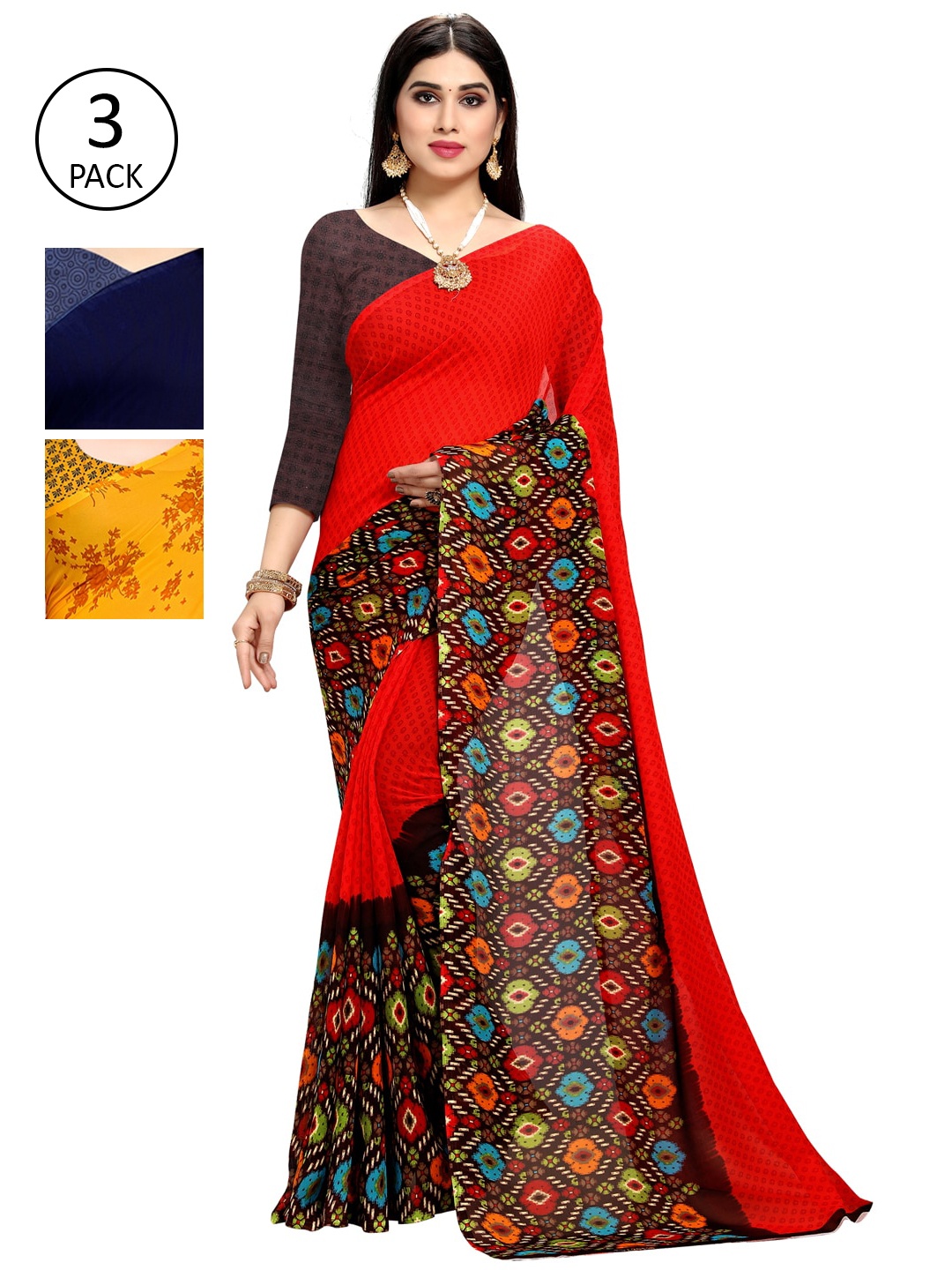 

KALINI Pack of 3 Printed Saree, Navy blue