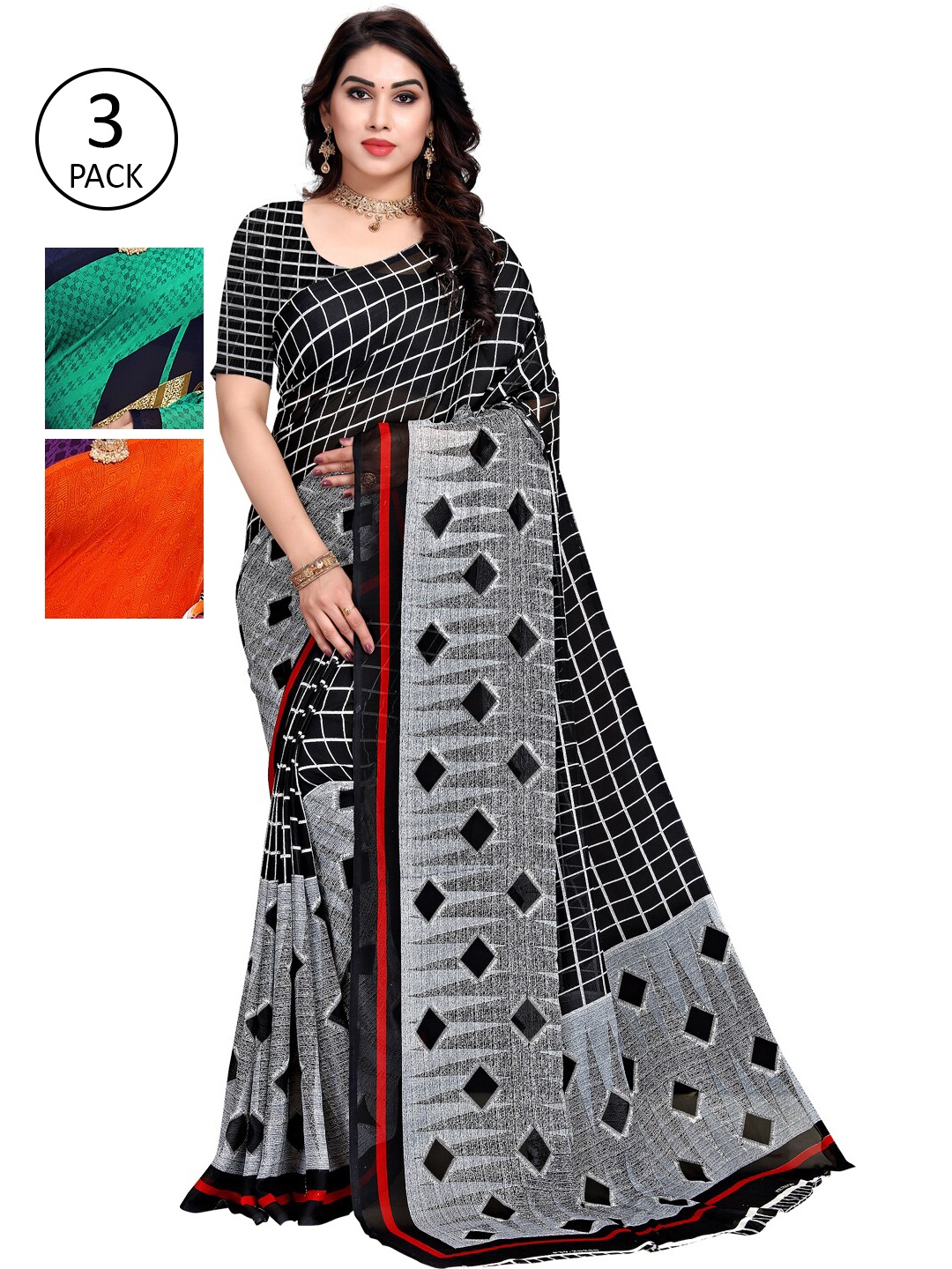 

KALINI Pack of 3 Printed Saree, Grey