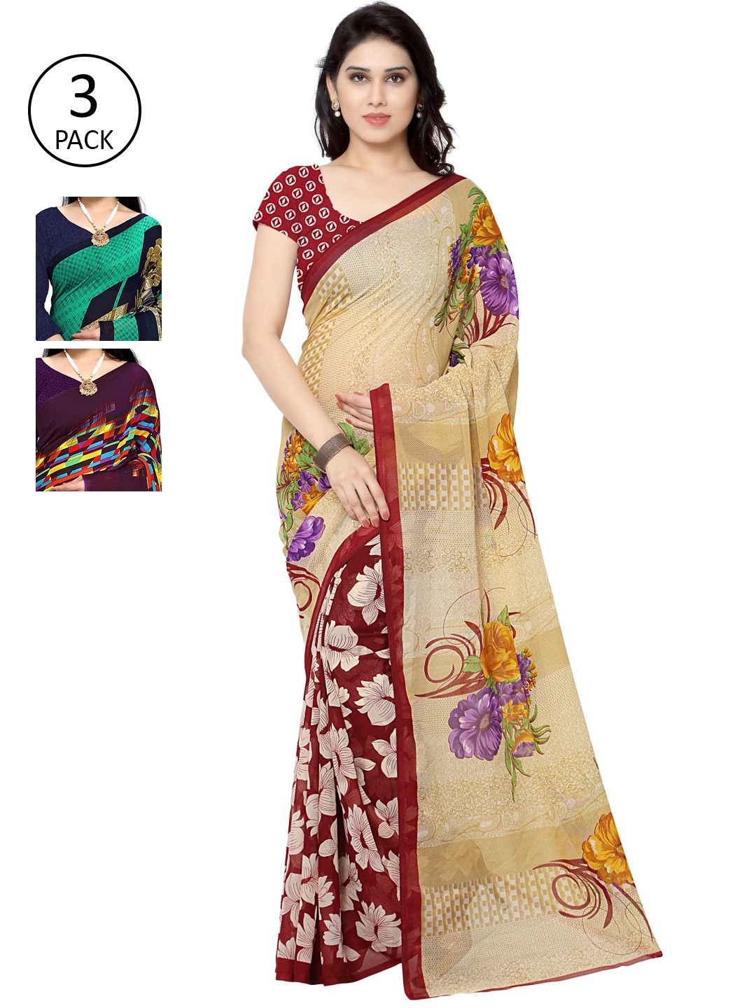 

KALINI Pack Of 3 Multicoloured Floral Poly Georgette Sarees, Multi