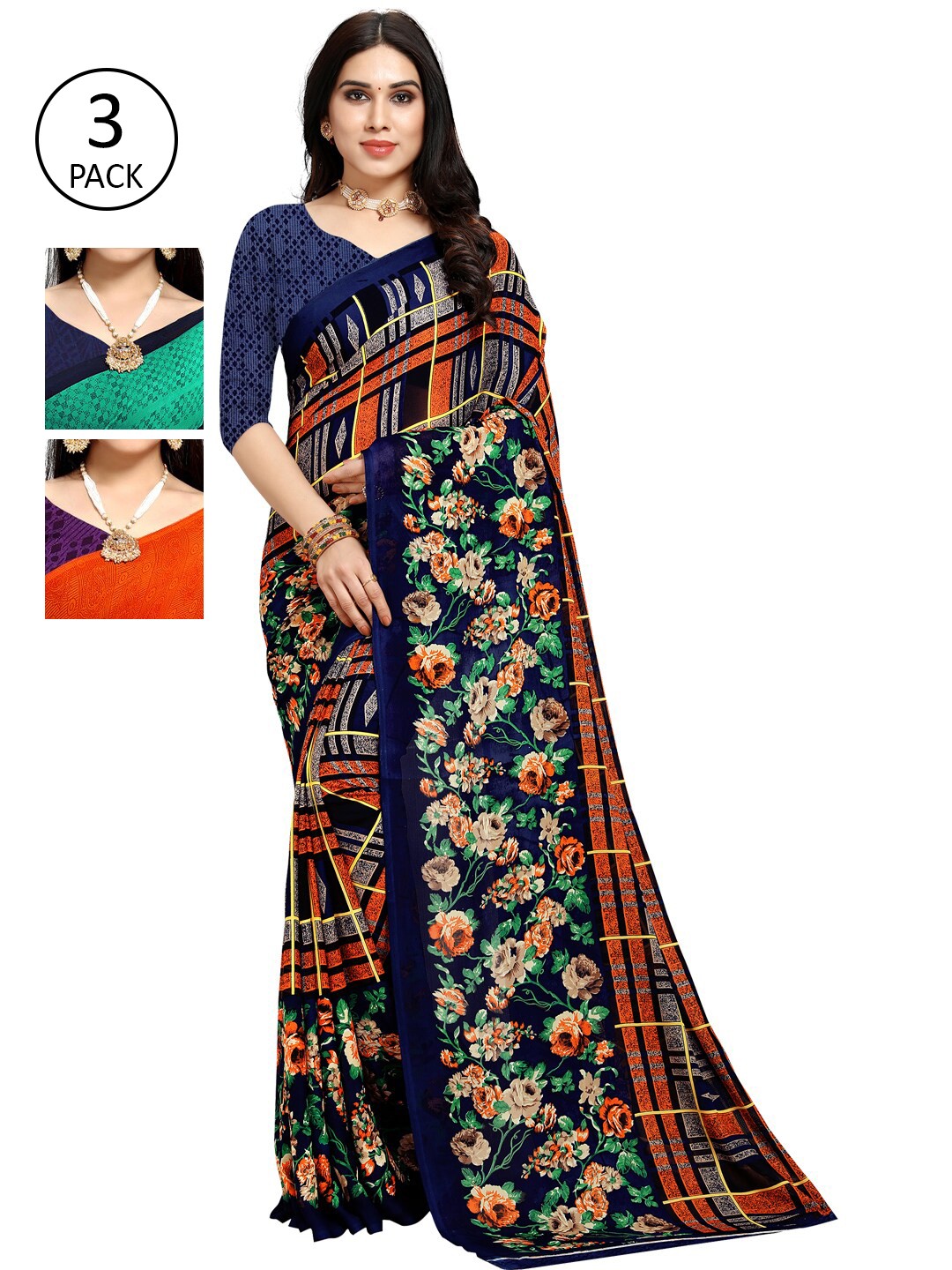 

KALINI Pack Of 3 Multicoloured Floral Poly Georgette Sarees, Multi