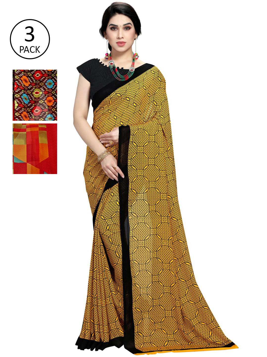 

KALINI Pack of 3 Printed Sarees, Yellow