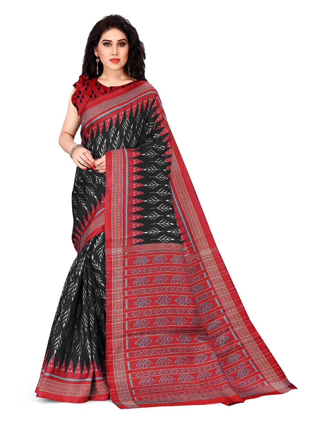 

KALINI Black & Red Art Silk Ikat Saree